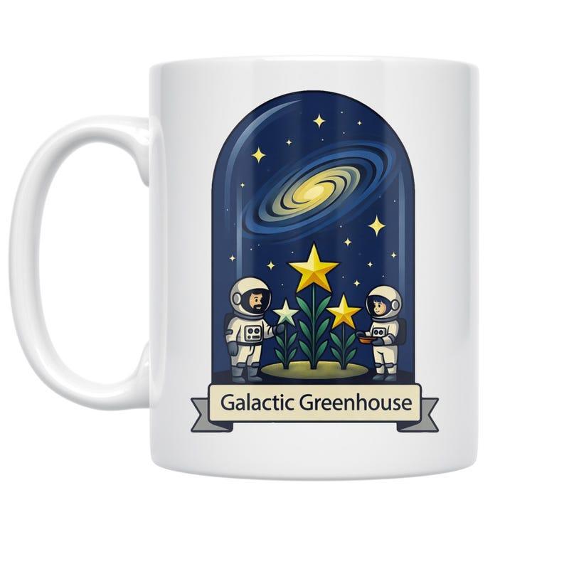 Tailorly White Ceramic 11 oz Mug - Galactic Greenhouse Vibrant Space Scene With Swirling Galaxy And Star Plants Astronaut