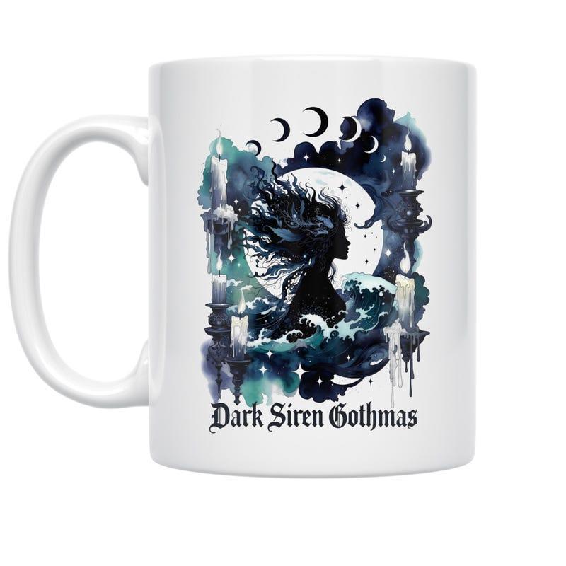 Tailorly White Ceramic 11 oz Mug - Dark Siren Gothmas Mystical Dark Silhouette Surrounded By Moon Phases And Glowing Candles Siren