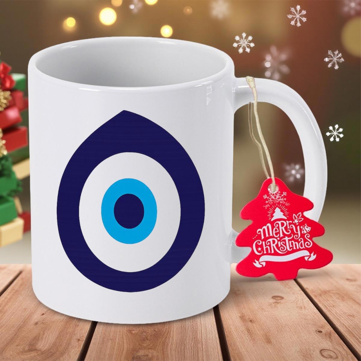 Tailorly White Ceramic 11 oz Mug - Merry Christmas Blue Traditional Protection Charm With Concentric Circles On White Surface Evil Eye