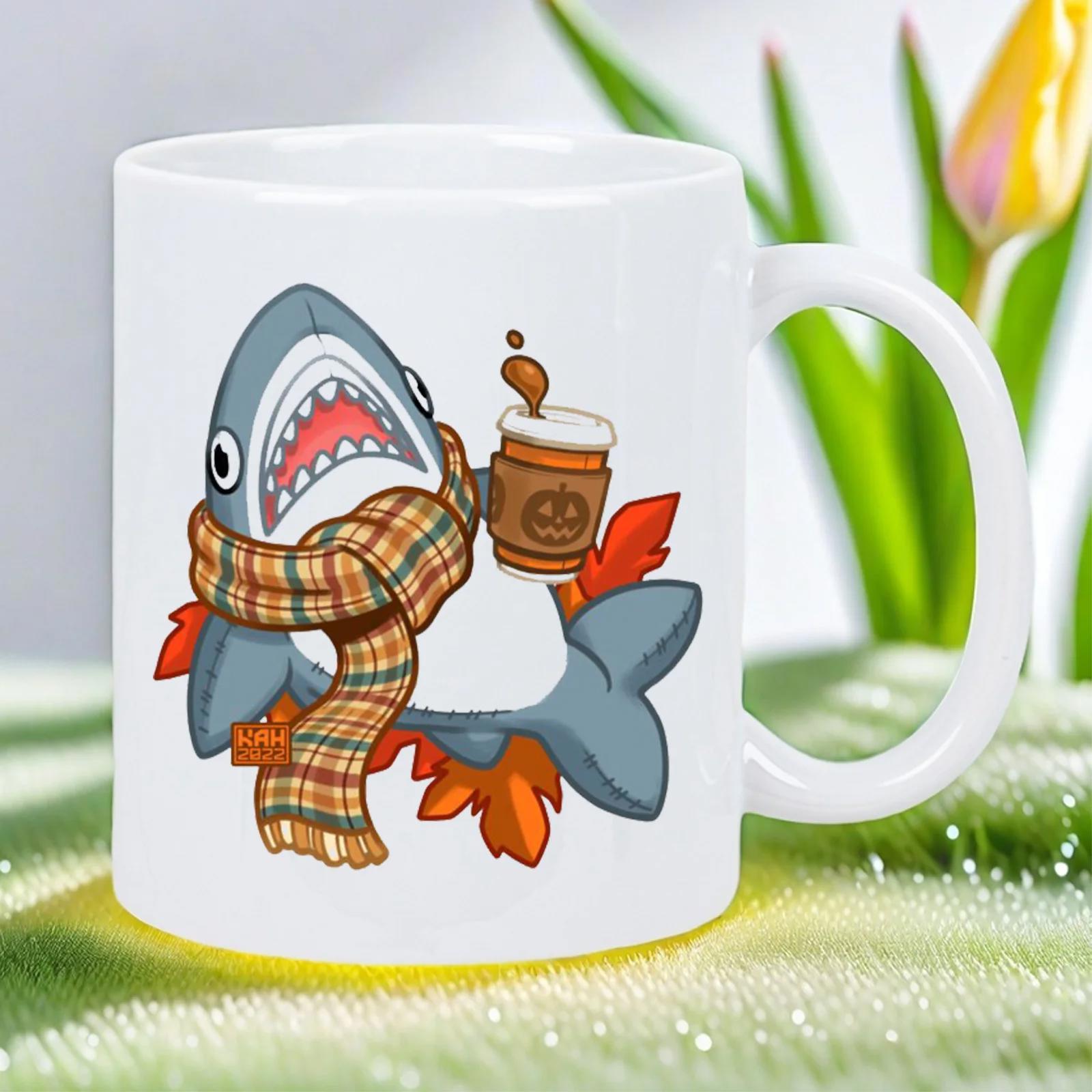 Tailorly White Ceramic 11 oz Mug - Cute Cartoon Shark Wearing Plaid Scarf Holding Hot Autumn Coffee Cup Among Leaves Shark