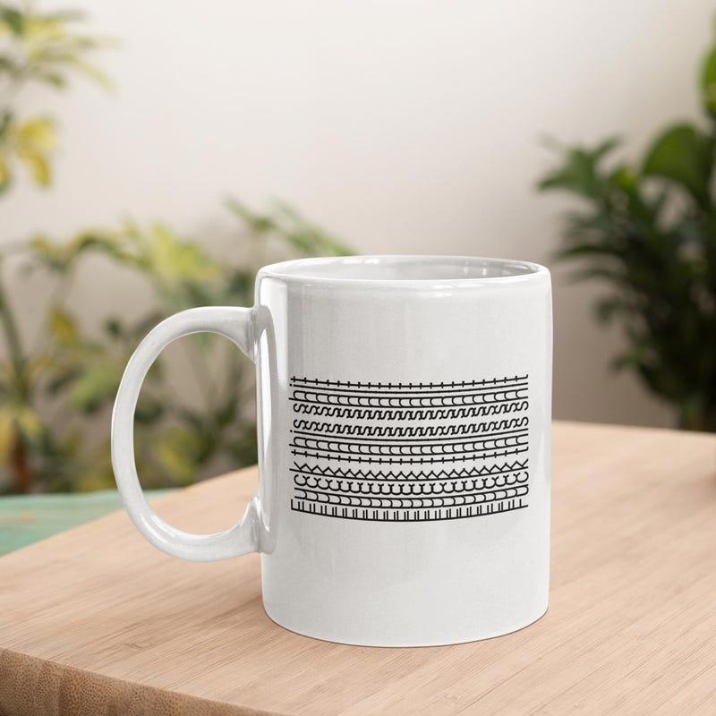 Tailorly White Ceramic 11 oz Mug - Minimalist Hand Drawn Black Geometric Horizontal Patterns On A