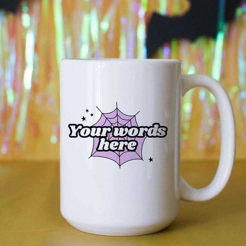Tailorly White Ceramic 11 oz Mug - Your Words Here Spooky Purple Pattern With Small Twinkling Stars Surrounding A Web