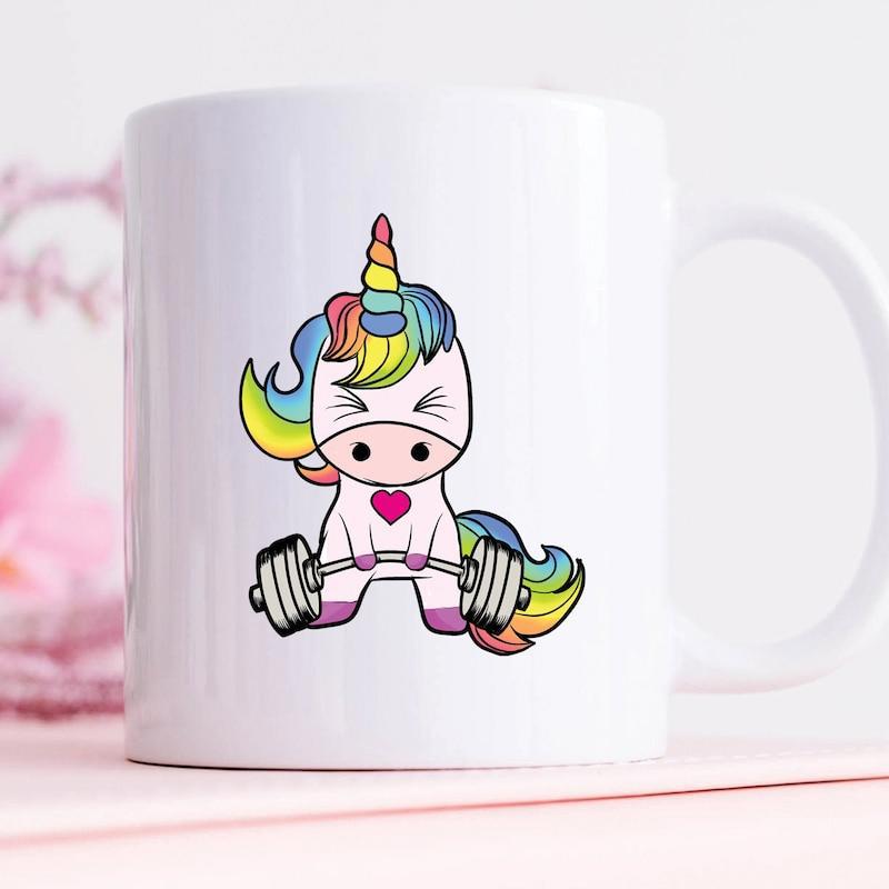Tailorly White Ceramic 11 oz Mug - Adorable Mythical Creature With Rainbow Mane Lifting Heavy Gym Weights Fitness Unicorn