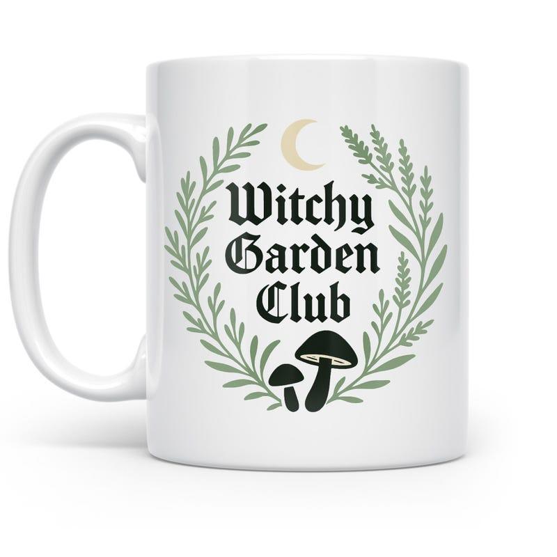 Tailorly White Ceramic 11 oz Mug - Witchy Garden Club Elegant Wreath With Golden Crescent Moon Among Green Leaves Mushroom