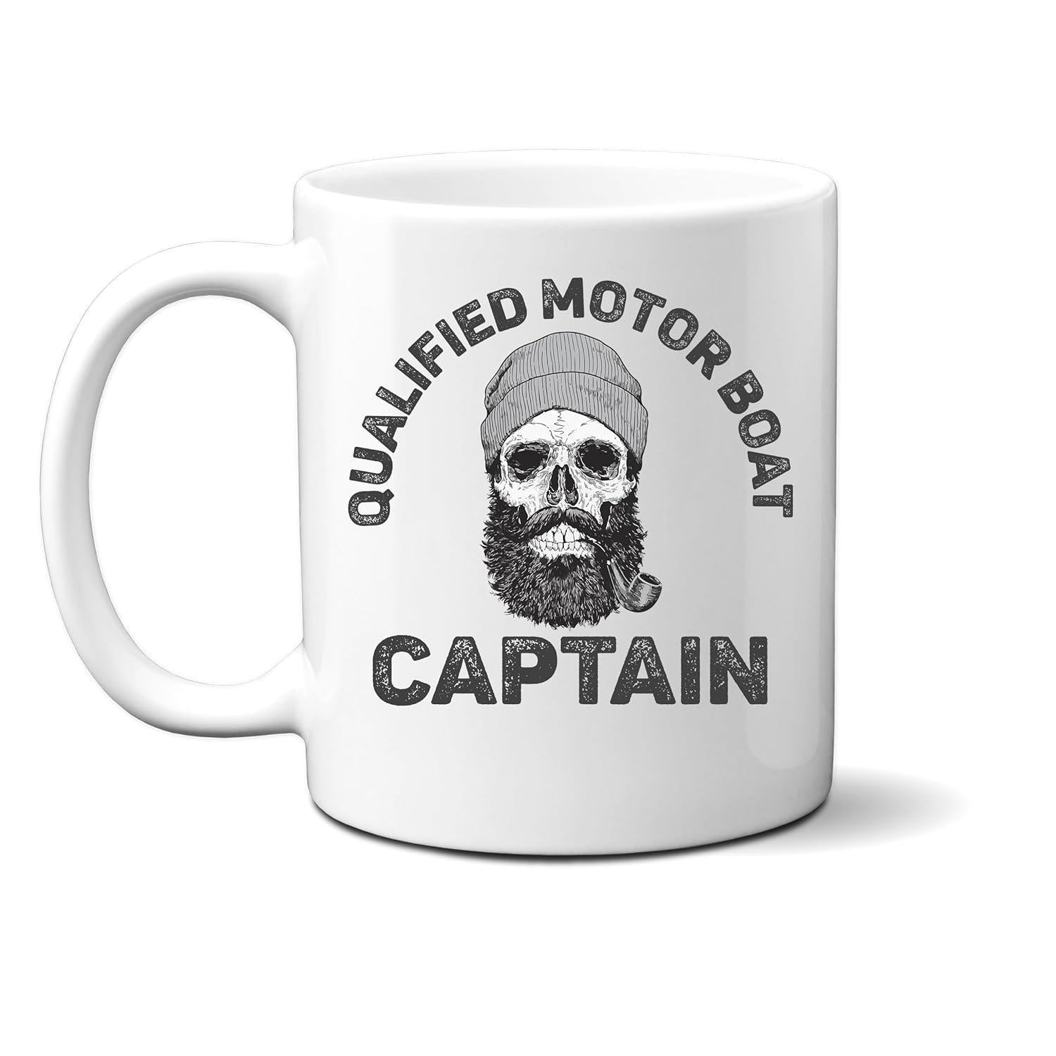 Tailorly White Ceramic 11 oz Mug - Qualified Motor Boat Captain Vintage Distressed Bearded Skull With Beanie And Smoking Pipe Nautical Skull