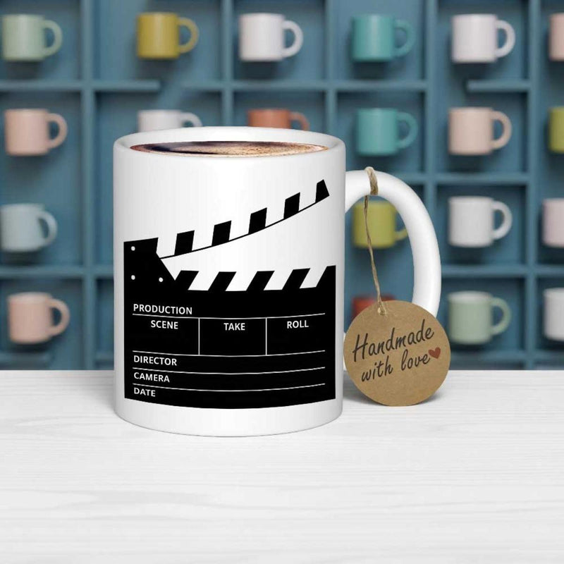 Tailorly White Ceramic 11 oz Mug - Production Scene Time Roll Director Camera Date Classic Black And White Movie Production Style Slate With Lines Clapperboard