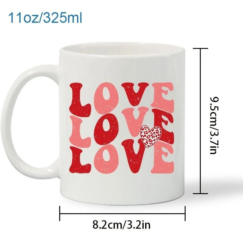 Tailorly White Ceramic 11 oz Mug - Love Love Love Retro Groovy Style Repeating Pink And Red Text With Small Cheetah Patterned Heart