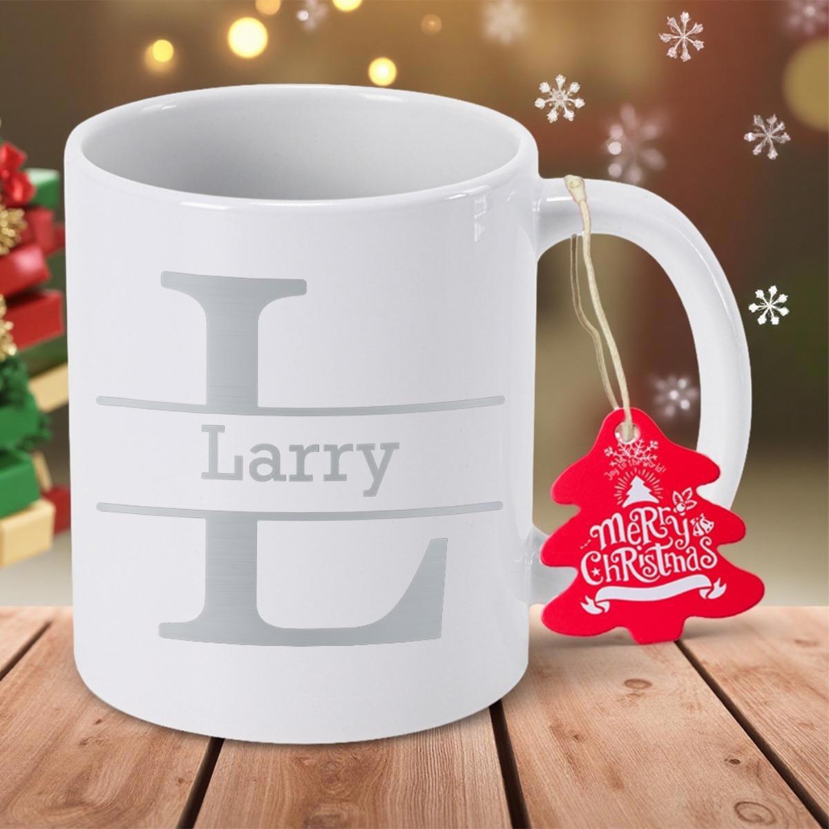 Tailorly White Ceramic 11 oz Mug - Larry Elegant Split Initial Typography Featuring Minimalist Personalized Name Label Monogram
