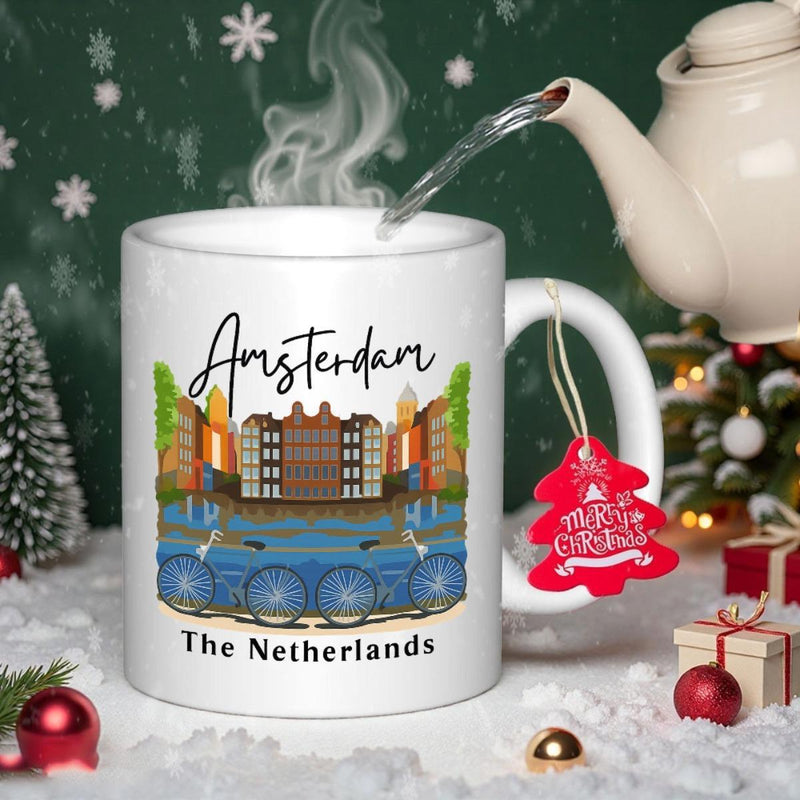 Tailorly White Ceramic 11 oz Mug - Amsterdam The Netherlands Colorful Traditional Buildings Along A Peaceful River Bank Cityscape