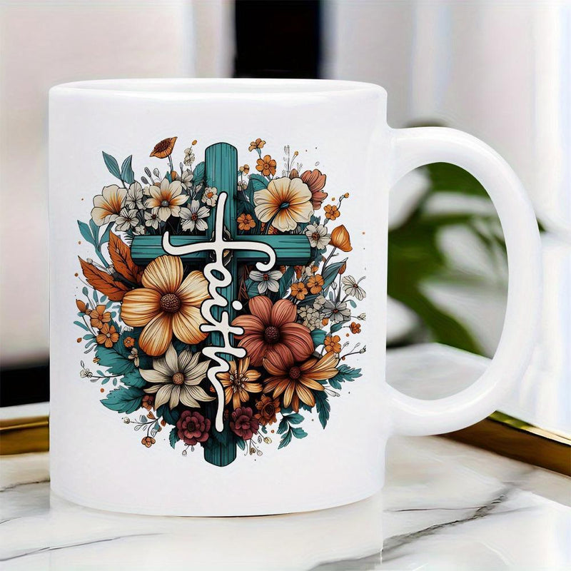 Tailorly White Ceramic 11 oz Mug - Faith Rustic Teal Wooden Design Surrounded By Vintage Autumnal Flowers Cross