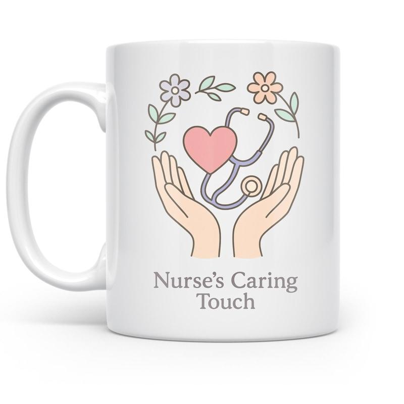 Tailorly White Ceramic 11 oz Mug - Nurse's Caring Touch Gentle Cupped Hands Protecting A Heart Under Floral Wreath Stethoscope