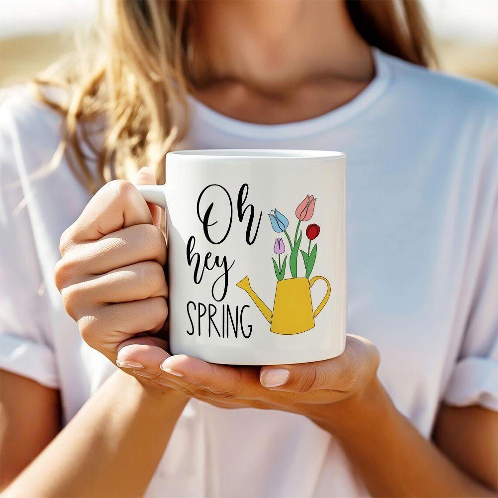 Tailorly White Ceramic 11 oz Mug - Oh Hey Spring Yellow Watering Can Holding Colorful Blooming Tulips Growing Among Green Leaves Watering Can