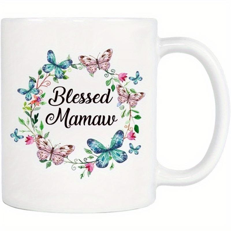 Tailorly White Ceramic 11 oz Mug - Blessed Mamaw Colorful Butterflies Dancing Around Delicate Floral And Leafy Greenery Wreath