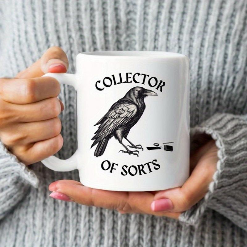 Tailorly White Ceramic 11 oz Mug - Collector Of Sorts Detailed Black Ink Drawing Of A Bird Standing Calmly Crow