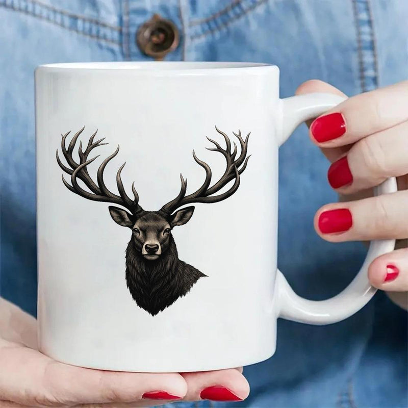 Tailorly White Ceramic 11 oz Mug - Detailed Majestic Black Stag With Large Branching Antlers And Realistic Features Deer