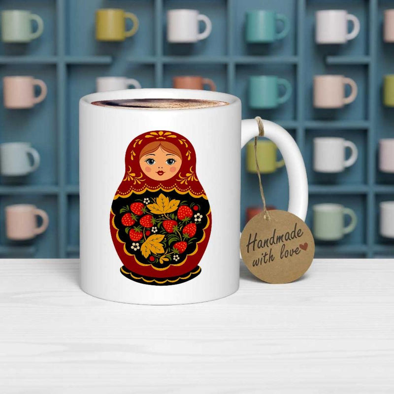Tailorly White Ceramic 11 oz Mug - Handmade With Love Traditional Red Folk Art With Strawberry And Leaf Patterns Matryoshka