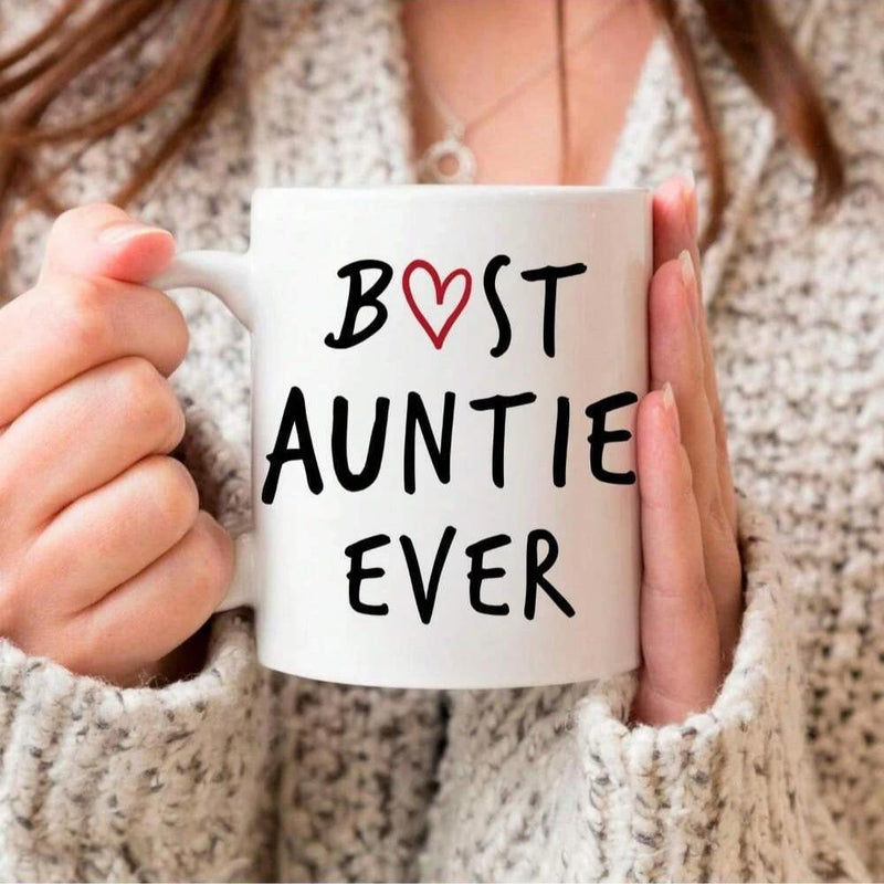Tailorly White Ceramic 11 oz Mug - Best Auntie Ever Minimalist Hand Drawn Red Heart With Bold Artistic Script Lettering Mug