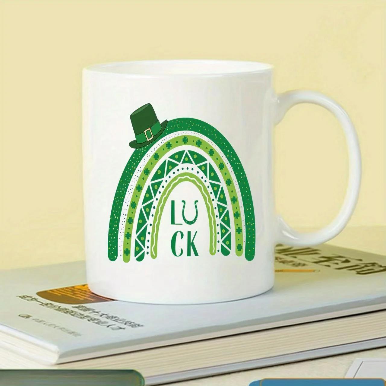 Tailorly White Ceramic 11 oz Mug - Luck Festive Green Patterned Boho Style Arch With Small Hat Rainbow