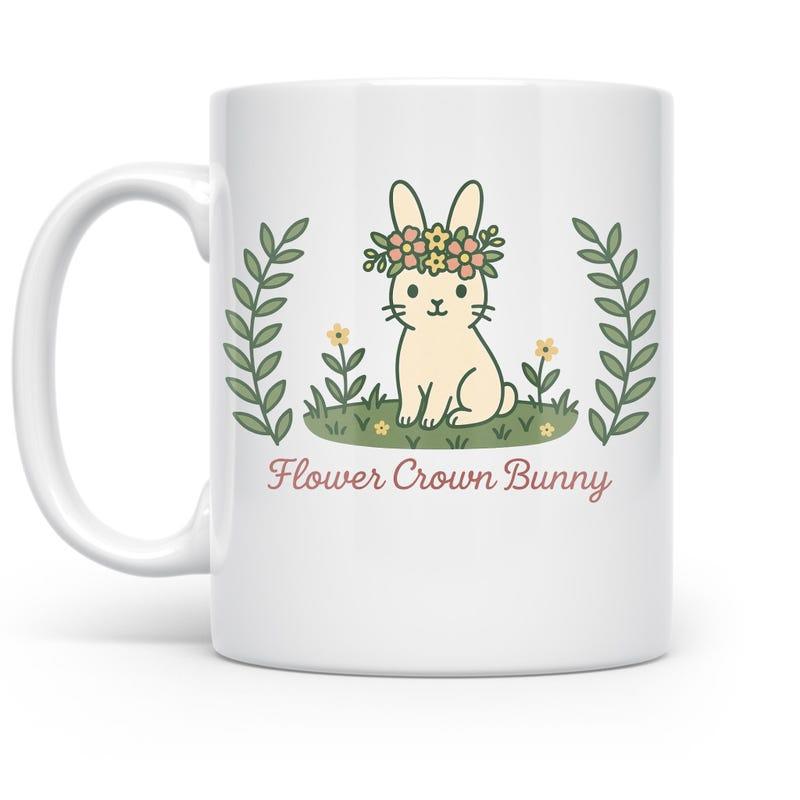 Tailorly White Ceramic 11 oz Mug - Flower Crown Bunny Hand Drawn Cute Rabbit Wearing Floral Wreath Among Leafy Branches Bunny