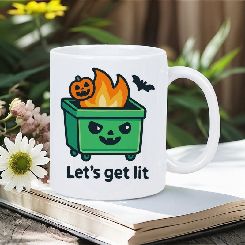 Tailorly White Ceramic 11 oz Mug - Lets Get Lit Halloween Cartoon Design Of Burning Green Trash Bin With Pumpkin Bat Dumpster