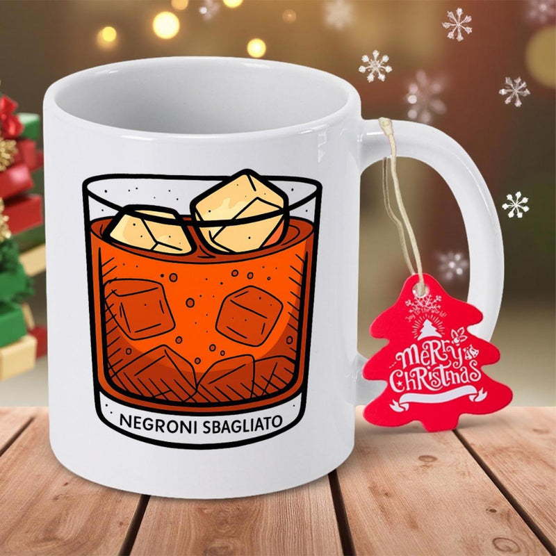 Tailorly White Ceramic 11 oz Mug - Negroni Sbagliato Cartoon Style Glass Filled With Amber Liquid And Large Cold Ice Cubes Cocktail