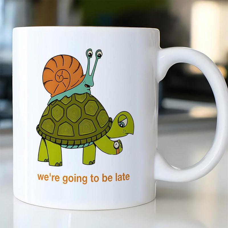 Tailorly White Ceramic 11 oz Mug - We're Going To Be Late Cute Cartoon Snail Riding On A Slow Green Shell Turtle
