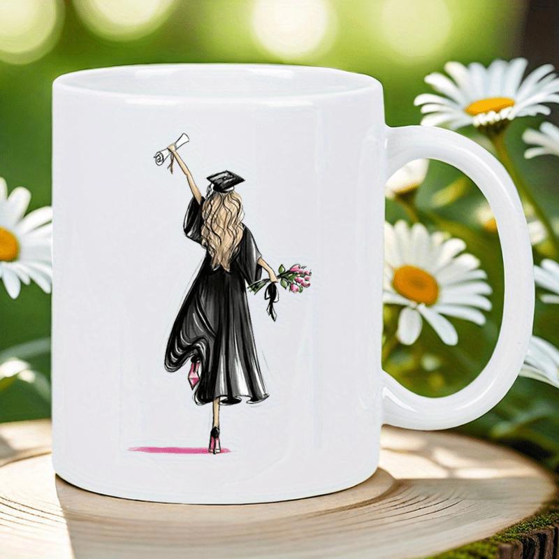 Tailorly White Ceramic 11 oz Mug - Elegant Graduate Wearing Black Academic Gown Holding Diploma And Pink Flowers Girl
