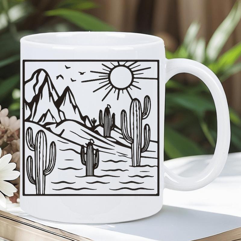 Tailorly White Ceramic 11 oz Mug - Minimalist Desert Scene Under Radiant Sun Featuring Saguaro Cactus