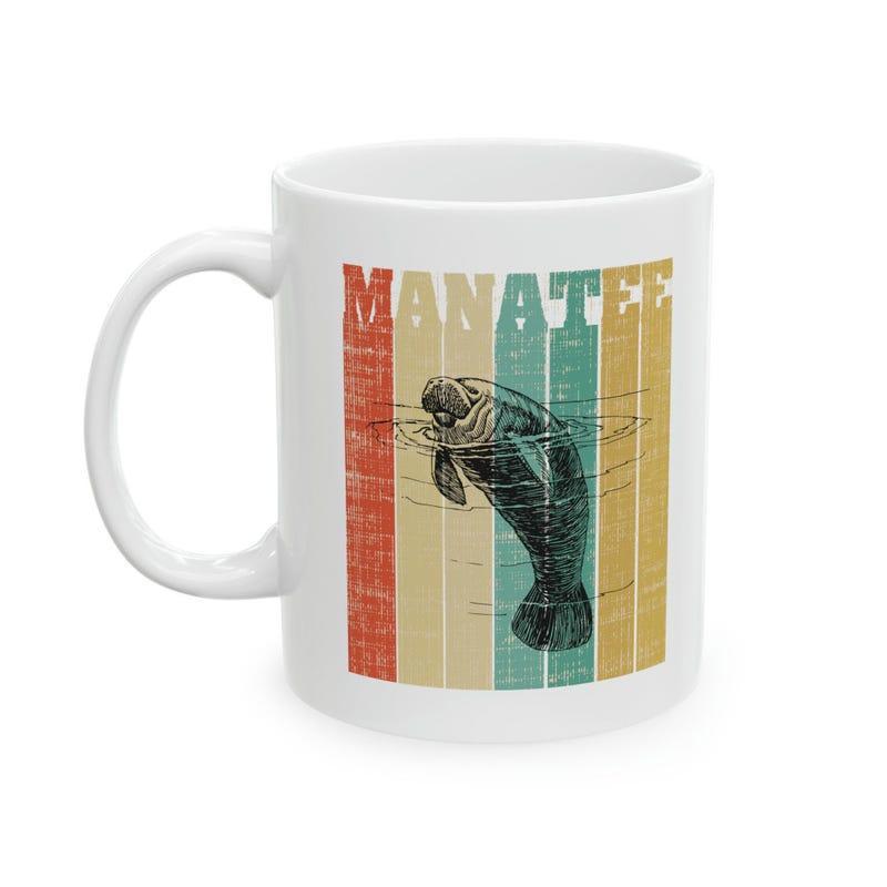 Tailorly White Ceramic 11 oz Mug - Manatee Vintage Retro Distressed Vertical Stripes With Gracefully Swimming Manatee