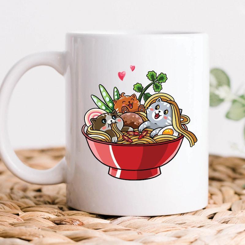 Tailorly White Ceramic 11 oz Mug - Adorable Kawaii Cartoon Style Red Ramen Bowl Featuring Three Playful Cats