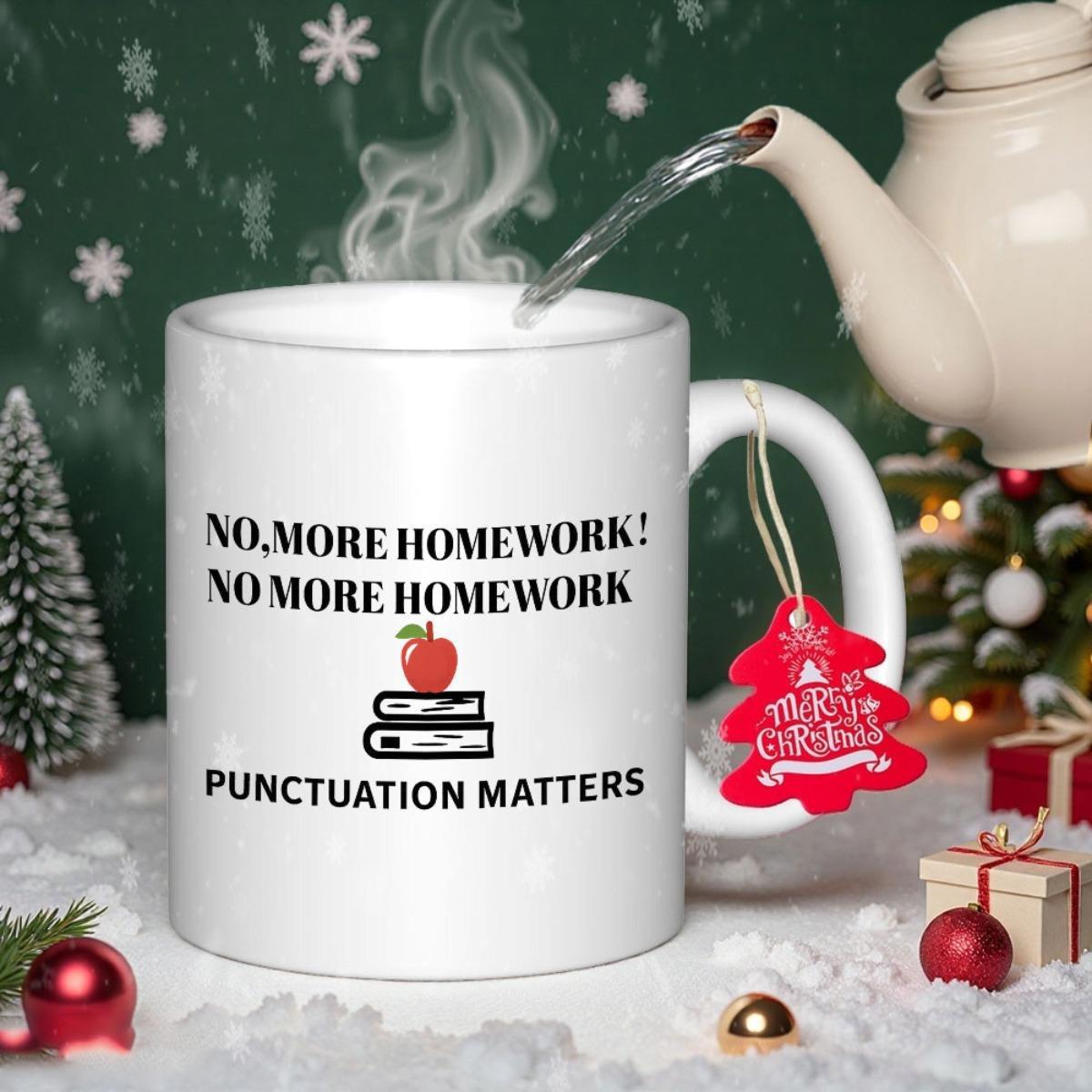 Tailorly White Ceramic 11 oz Mug - No More Homework No More Homework Punctuation Matters Red Apple Resting Upon Stacked Academic Educational School Books Mug