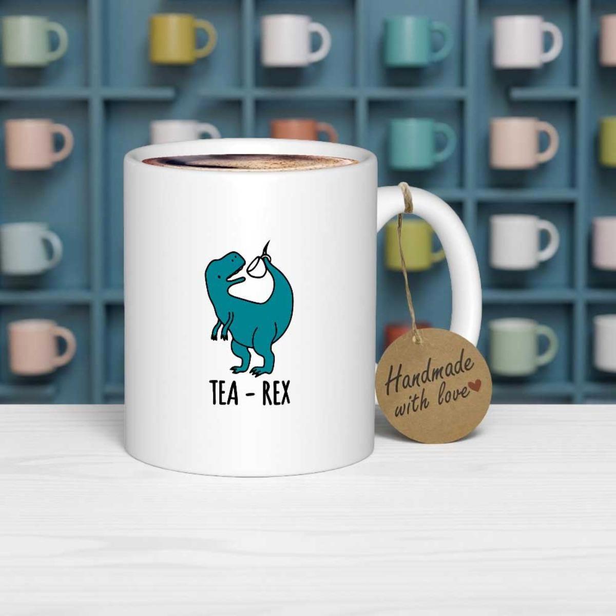 Tailorly White Ceramic 11 oz Mug - Tea Rex Cute Turquoise Dinosaur Holding A Delicate Tea Cup Within Tail Dinosaur