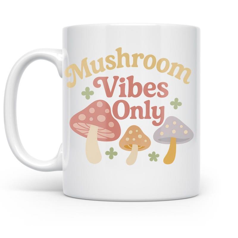 Tailorly White Ceramic 11 oz Mug - Mushroom Vibes Only Retro Three Colorful Mushrooms Surrounded By Green Crosses Mushroom