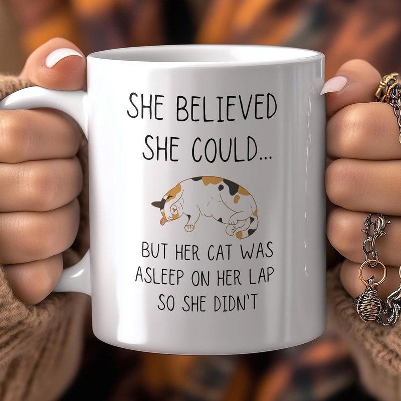 Tailorly White Ceramic 11 oz Mug - She Believed She Could But Her Cat Was Asleep On Her Lap So She Didn't Cute Sleeping Calico Kitten Resting Peacefully In A