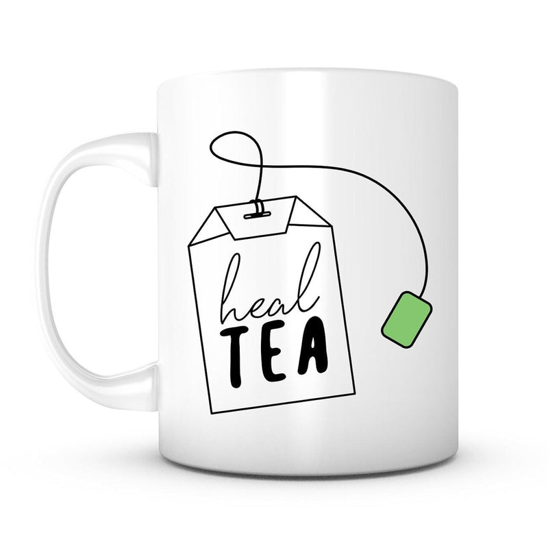 Tailorly White Ceramic 11 oz Mug - Heal Tea Minimalist Line Art Illustration Featuring A Green Tag And String Teabag