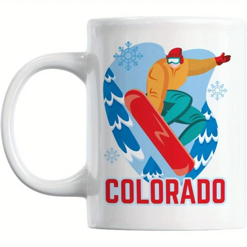 Tailorly White Ceramic 11 oz Mug - Colorado Action Packed Athlete Descending Snowy Mountains Among Icy Winter Pine Trees Snowboarder