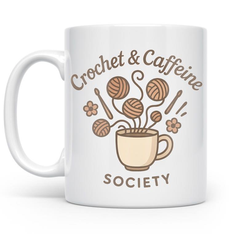 Tailorly White Ceramic 11 oz Mug - Crochet Caffeine Society Soft Brown Yarn Balls Rising From A Steaming Morning Coffee Cup