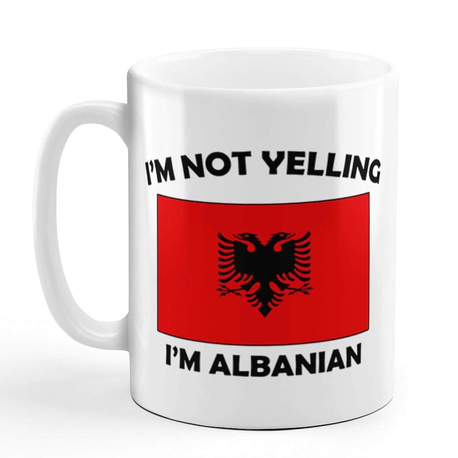 Tailorly White Ceramic 11 oz Mug - I'm Not Yelling I'm Albanian Vibrant Red Background With Bold Black Double Headed Eagle National Flag