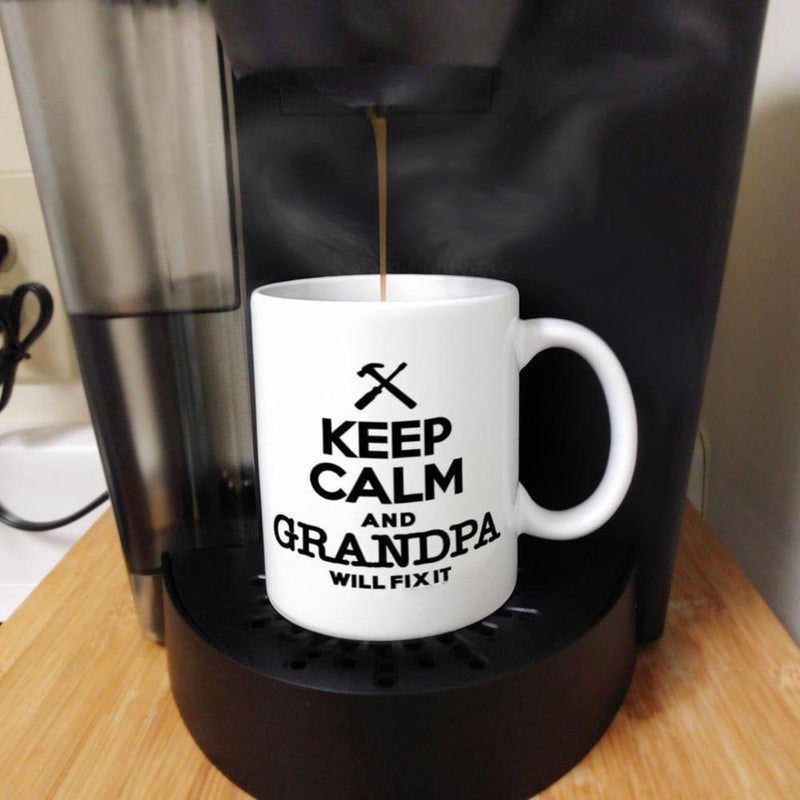 Tailorly White Ceramic 11 oz Mug - Keep Calm And Grandpa Will Fix It Simple Minimalist Silhouette Of Crossed Hammer And Screwdriver Maintenance Working Tools