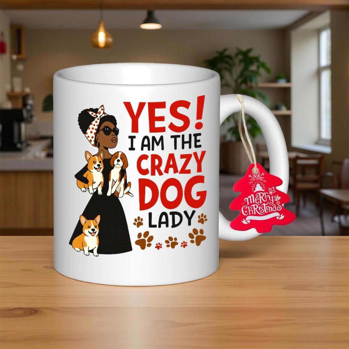 Tailorly White Ceramic 11 oz Mug - Yes I Am The Crazy Dog Lady Stylish Woman With Headband Holding Corgis Beside Playful Paw Print Details Lady