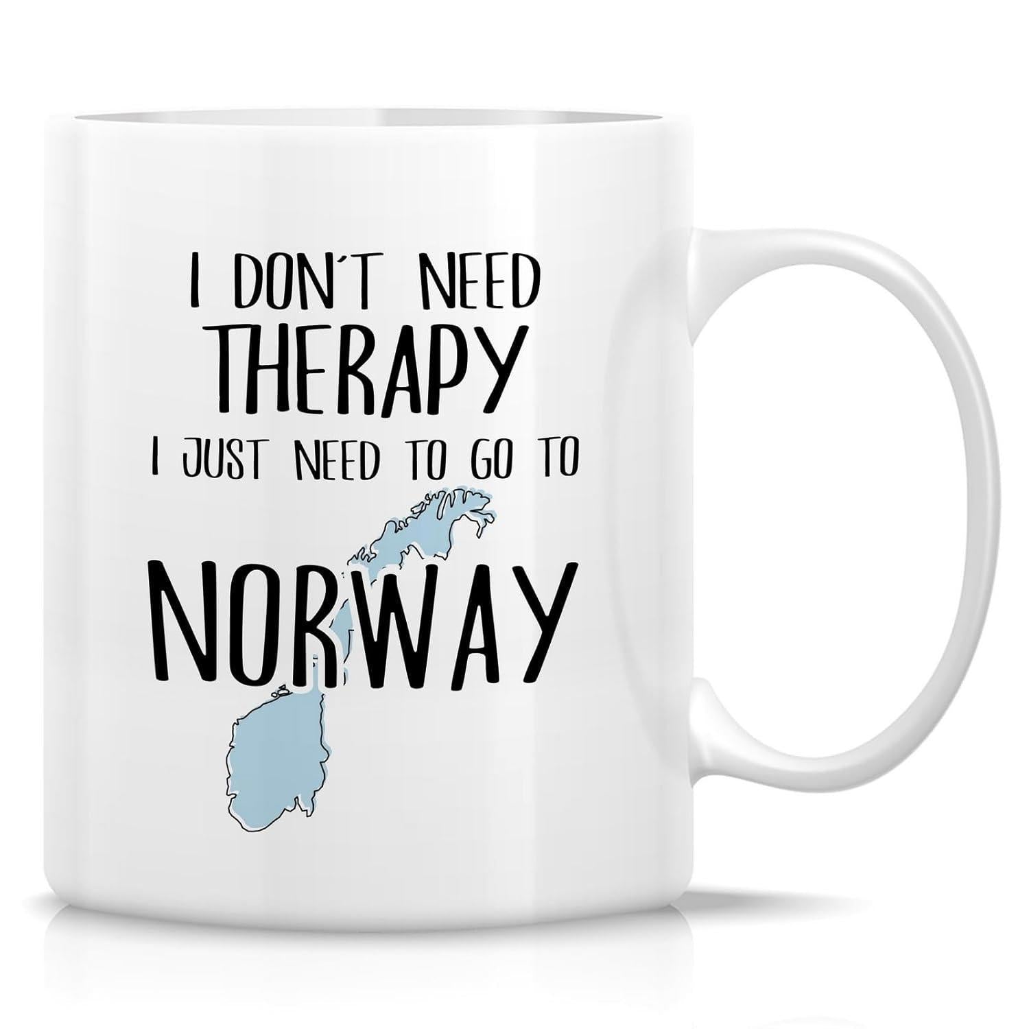 Tailorly White Ceramic 11 oz Mug - I Don't Need Therapy I Just Need To Go To Norway Minimalist Light Blue Outline Of Scandinavian Country Territory Map
