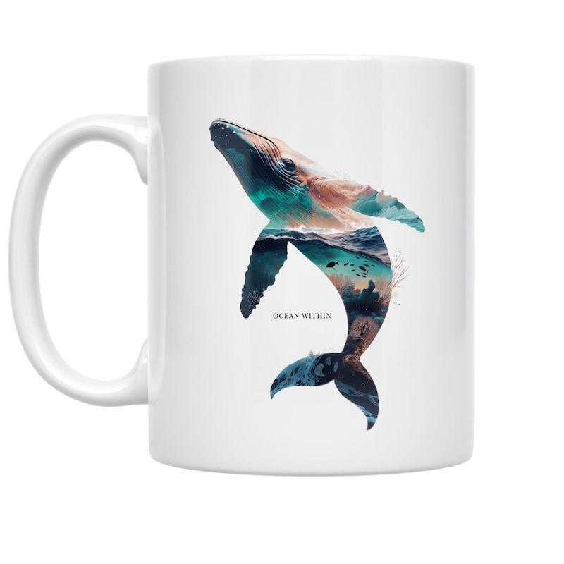 Tailorly White Ceramic 11 oz Mug - Ocean Voyager Majestic Double Exposure Silhouette Containing Scenic Mountain Landscape Deep Blue Whale