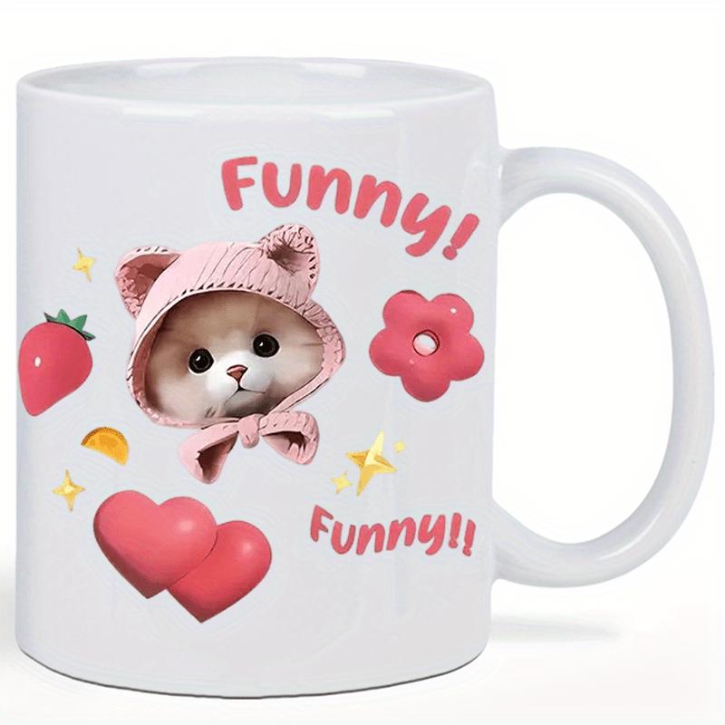 Tailorly White Ceramic 11 oz Mug - Funny Funny Cute Furry Pet Wearing Pink Knitted Hood Among Red Hearts Kitten