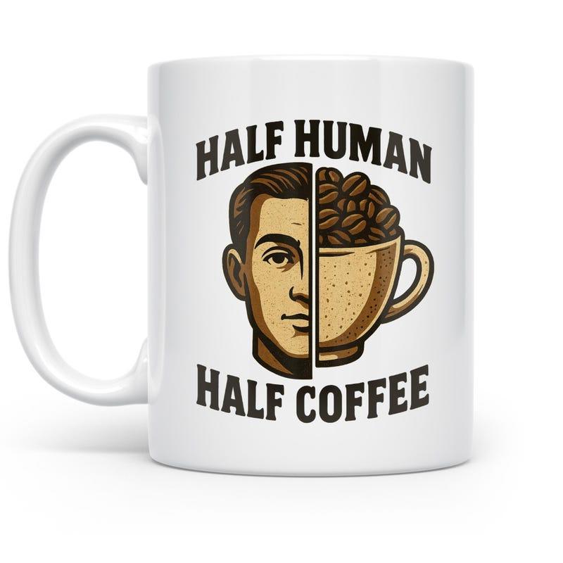 Tailorly White Ceramic 11 oz Mug - Half Human Half Coffee Creative Split Design Featuring Human Face And Mug Filled With Beans Mug