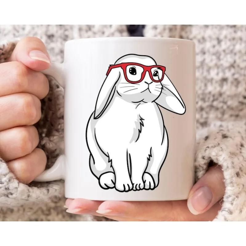 Tailorly White Ceramic 11 oz Mug - Charming White Lop Eared Bunny Wearing Trendy Red Spectacles Illustration Rabbit