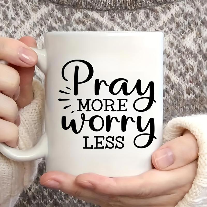 Tailorly White Ceramic 11 oz Mug - Pray More Worry Less Minimalist Sunray Burst Design With Elegant Hand Drawn Script Mug