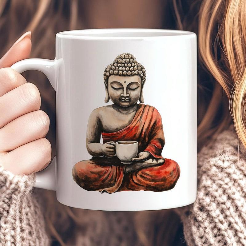 Tailorly White Ceramic 11 oz Mug - Peaceful Zen Buddhist Monk Meditating While Holding A Small Coffee Cup Buddha