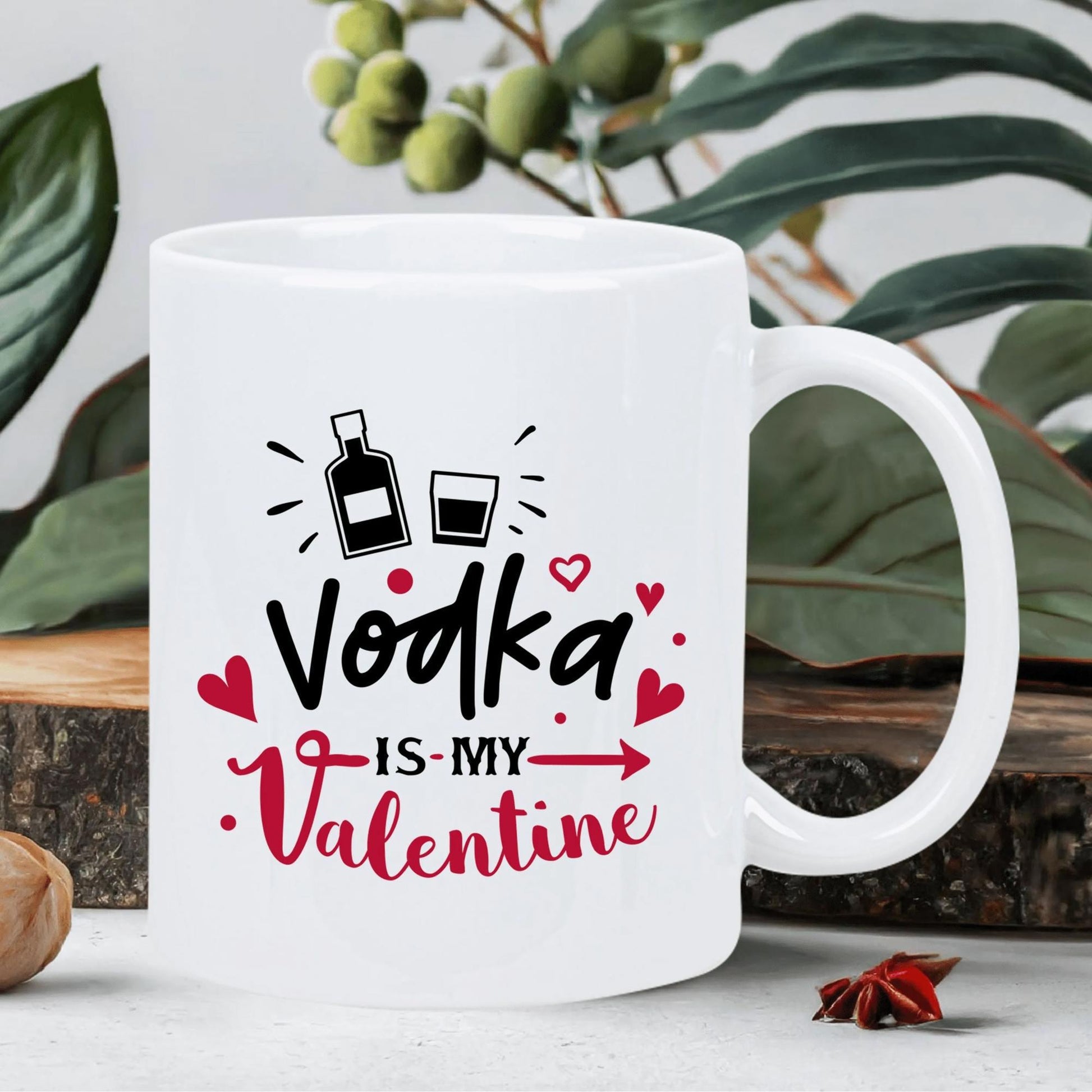 Tailorly White Ceramic 11 oz Mug - Vodka Is My Valentine Minimalist Black Bottle Silhouette Surrounded By Tiny Red Floating Hearts Bottle