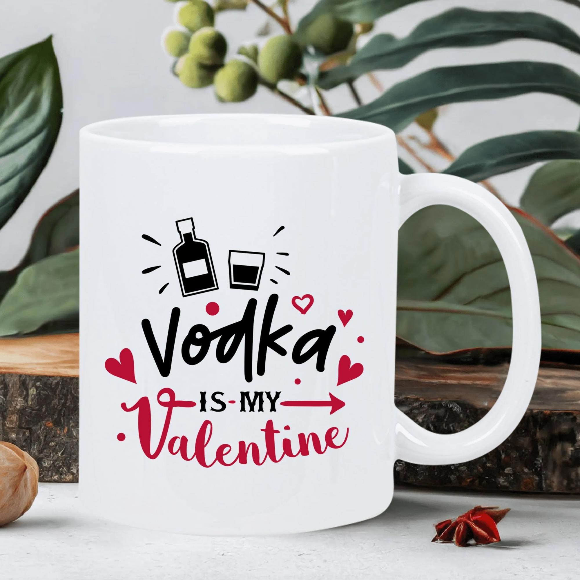 Tailorly White Ceramic 11 oz Mug - Vodka Is My Valentine Minimalist Black Bottle Silhouette Surrounded By Tiny Red Floating Hearts Bottle