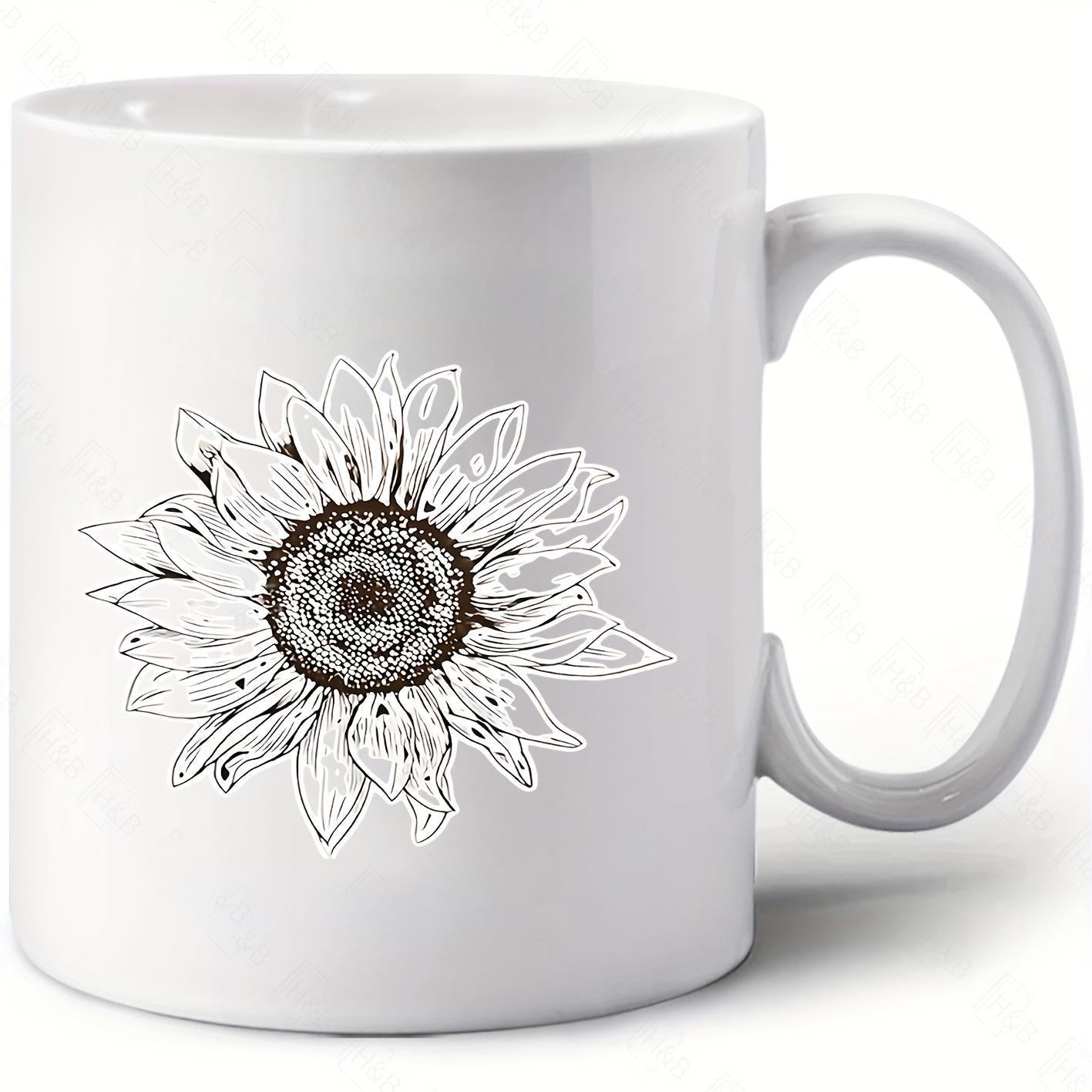 Tailorly White Ceramic 11 oz Mug - Hand Drawn Sketch Design With Detailed Petals Blooming Radiant Sunflower
